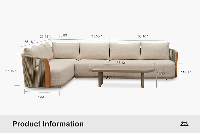 PURPLE LEAF 5-Piece Patio Furniture Set, L-Shaped Modular Outdoor Sectional Sofa with Genuine Teak, Olefin Fabric, 9" Thick Backrest & Aluminum Rope Coffee Table - Patio Conversation Sets