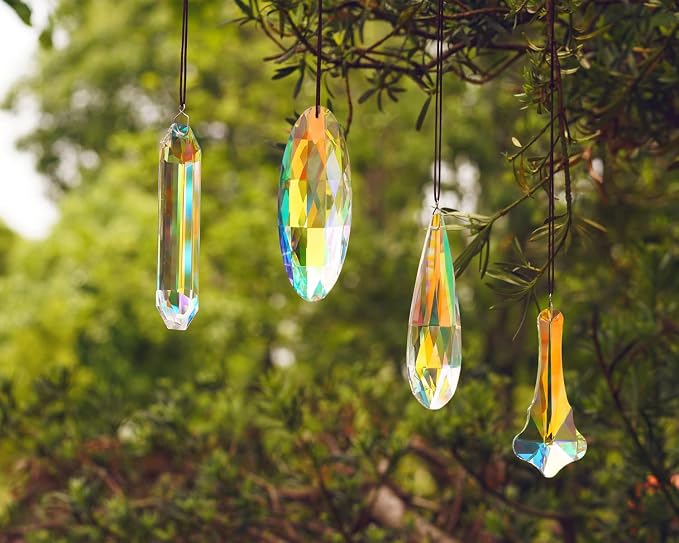 4 Pcs Crystal Prism Suncatcher Pendants Chandelier Window Garden Decor | Rainbow Chandelier Prisms Suncatcher Hanging Ornaments for Window Garden Home Office Party Decor Accent