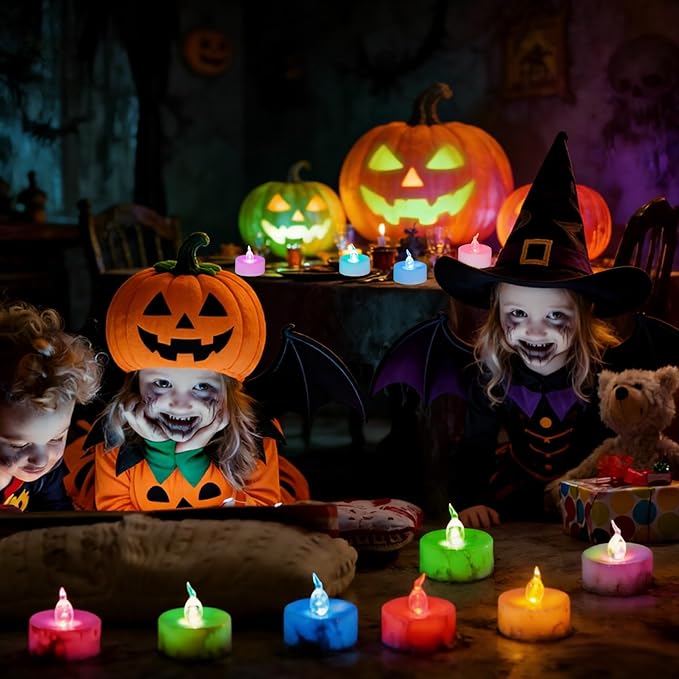 48 Pack Slowly Color Changing Tea Lights Battery Operated, Flameless Electric Colored Flicker Votive TeaLights, Colorful Flickering Candles Bulk for Christmas Party Halloween Pumpkin Decorations