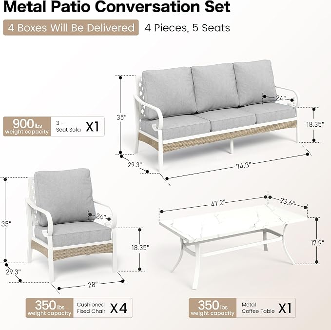 SUNSHINE VALLEY 6 Piece Metal Outdoor Patio Furniture Set, Patio Conversation Sets 1 3-Seater Sofa, 4 Single Sofa with 5.75" Extra Thick Cushion and Coffee Table, White Frame Backyard Furniture, Gray