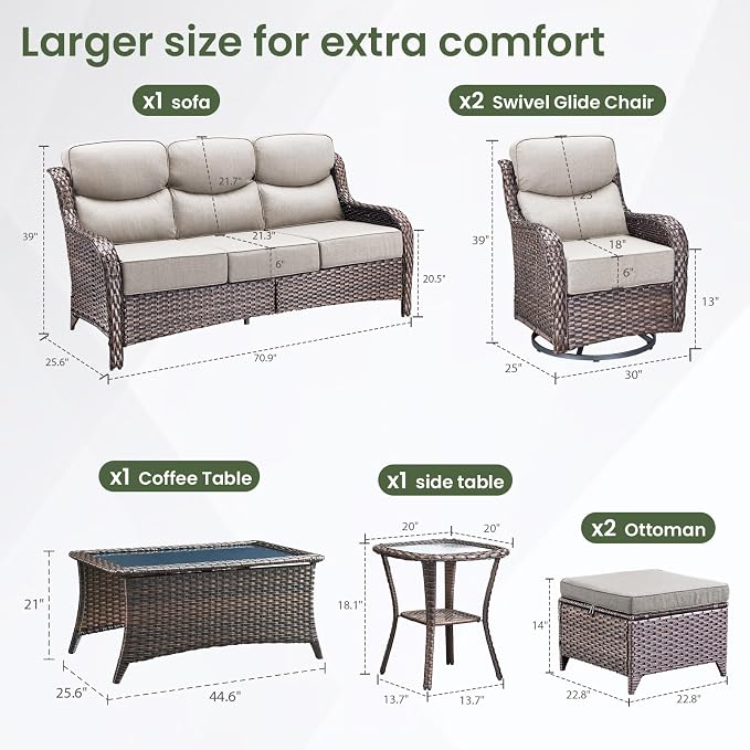 Luxury Patio Furniture Set 7pcs with 6-inch Cushion, Outdoor Furniture with Coffee Table, Swivel Chairs, Sofa, Side Table, Ottomans, Patio Set for Deck Yard and Poolside Brown Wicker | Beige Cushions