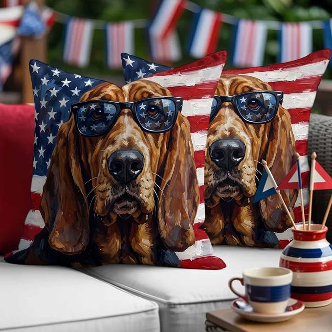 Outdoor Pillow Covers Waterproof Pillow Cases Protector Independence Day USA Flag Pillowcase Pack of 2 Basset Hound Patriotic Sunglasses Throw Cushion Case for Pation Furniture,Couch,Sofa,18X18IN