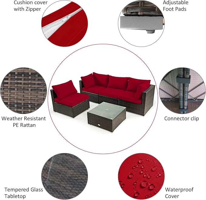 Tangkula 6 Piece Outdoor Rattan Sofa Set with 30in Propane Gas Fire Table, Ceramic Fire Tabletop, 50,000 BTU Heat Output, Cushions & Fire Pit Dust Cover, Patiojoy Weatherproof Wicker Set (Red)