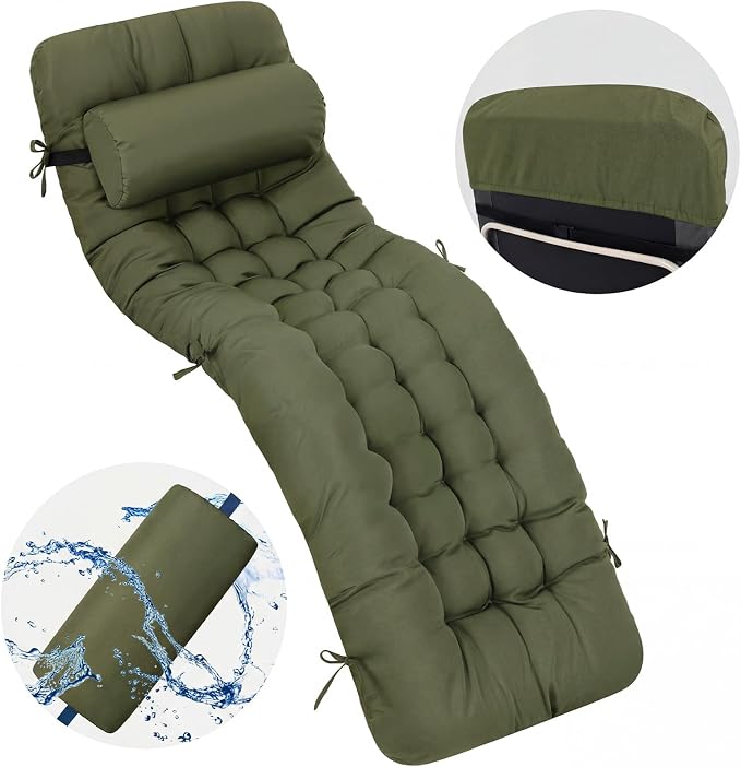 Tudomro Outdoor Chaise Lounge Cushion 66x21x4'' Waterproof & Fade-Resistant Patio Pool Chaise Lounge Cushion Headrest Pillow Tie Replacement Rocking High Back Chair(Olive Green,1 Pcs)