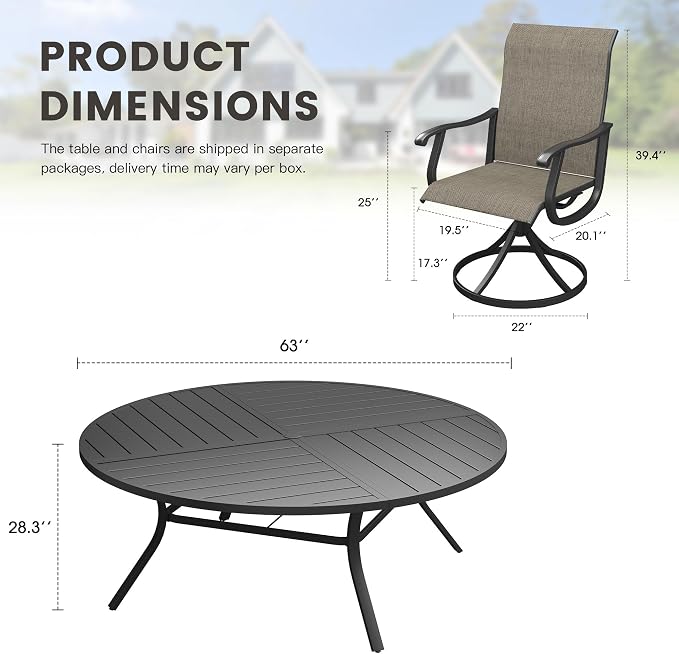 Outdoor Dining Set for 8, 63.1" Metal Round Outdoor Dining Table with Umbrella Hole and Sling Patio Swivel Chairs, 9 Pieces Patio Table and Chairs Set for Garden, Mixed Brown and Black