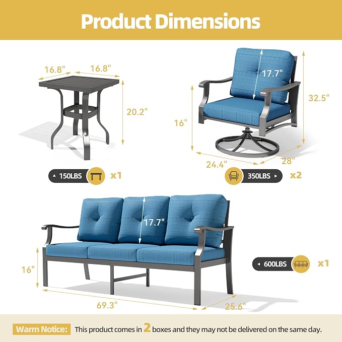 4 Piece Patio Furniture Set, Metal Outdoor Conversation Set w/3-Seat Sofa, 2 Rocking Swivel Chairs, Side Table, Patio Bistro Set w/5" Thickened Cushions for Backyard, Poolside, Blue