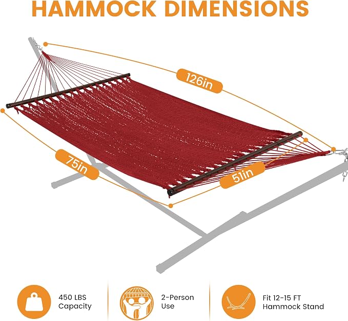 Lazy Daze Hammocks 10.5 FT Double 2 Person Caribbean Rope Hammock, Hand Woven Polyester Hammock with Spreader Bars, for Outside Outdoor Backyard Patio Poolside, 450 LBS Capacity, Red