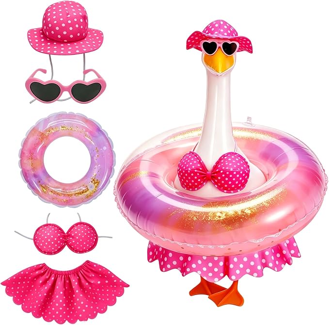Hawaiian Porch Goose Outfit, Summer Bikini Costume with Sunglasses & Wreath, Fits 23" Goose Statue, Garden Lawn Patio Yard Outdoor Decoration (Pink)