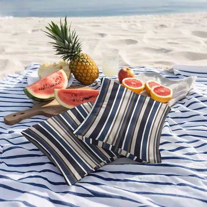 Outdoor Waterproof Throw Pillow Covers Set of 2 Blue Striped Pillowcases 18x18 Inches Geometric Beige Stripes Decorative Pillows Cushion Case Patio Pillows for Couch Bed Chair Garden