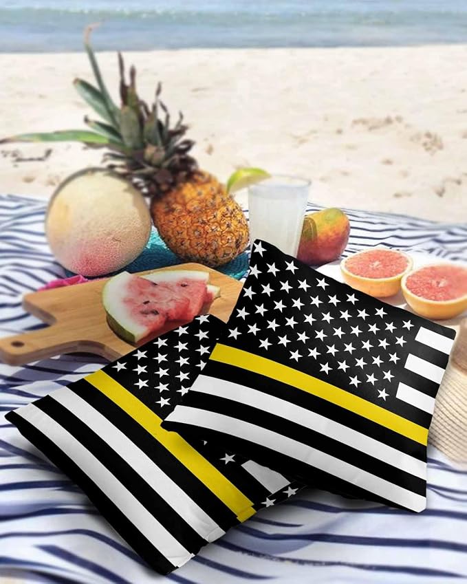 Outdoor Waterproof Pillow Covers Set of 2, Thin Yellow Line Gold Emergency Dispatchers Truck Flag Patio Throw Pillow Covers, Decorative Cushion Case for Couch Sofa Furniture Garden, 18x18 Inch
