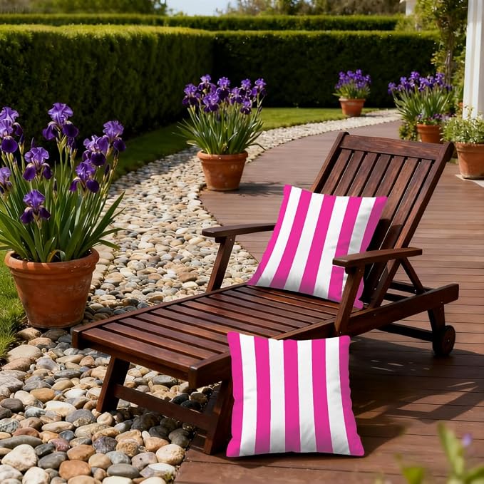 16x16 Inch Outdoor Pillow Covers Set of 2 Waterproof Throw Pillow Covers Decorative Couch Cushion Covers Rose Red Striped Square Pillowcases Protectors for Patio Garden Sofa