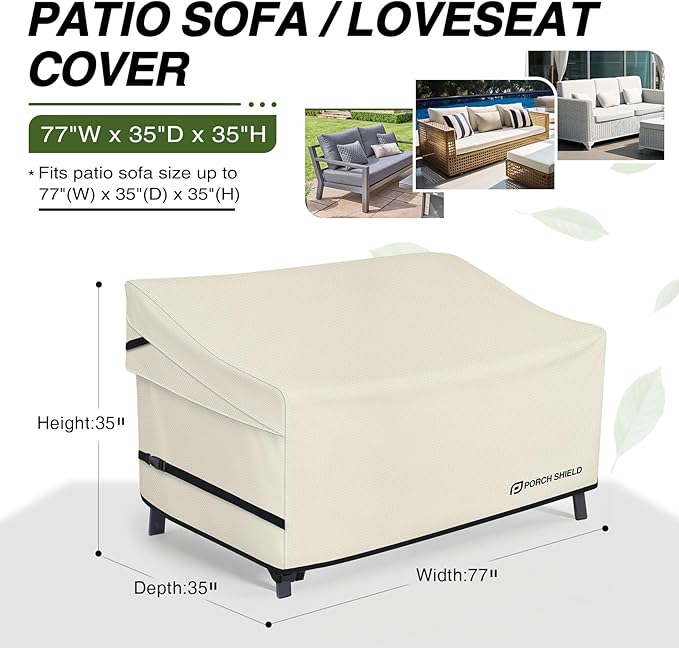 Porch Shield Waterproof Outdoor Furniture Sofa Cover – Patio 3-Seater Couch Cover 77W x 35D x 35H inch, Beige