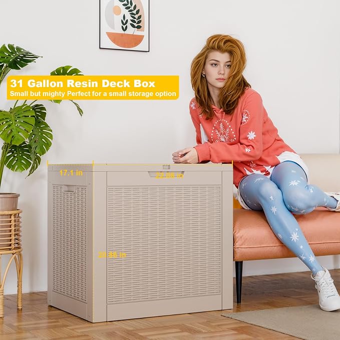 PatioZen 31 Gallon Wicker Pattern Resin Deck Box, Lockable Patio Outdoor Storage Box for Furniture, Garden Tools and Tools Storage, Waterproof Outside Storage Box (Grey)