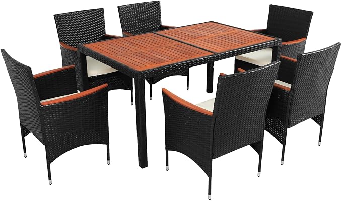 roomfitters 7-Piece Outdoor Patio Dining Set, Garden PE Rattan Wicker Dining Table and Chairs Set, Acacia Wood Tabletop, Stackable Armrest Chairs with Cushions, Reddish-Brown