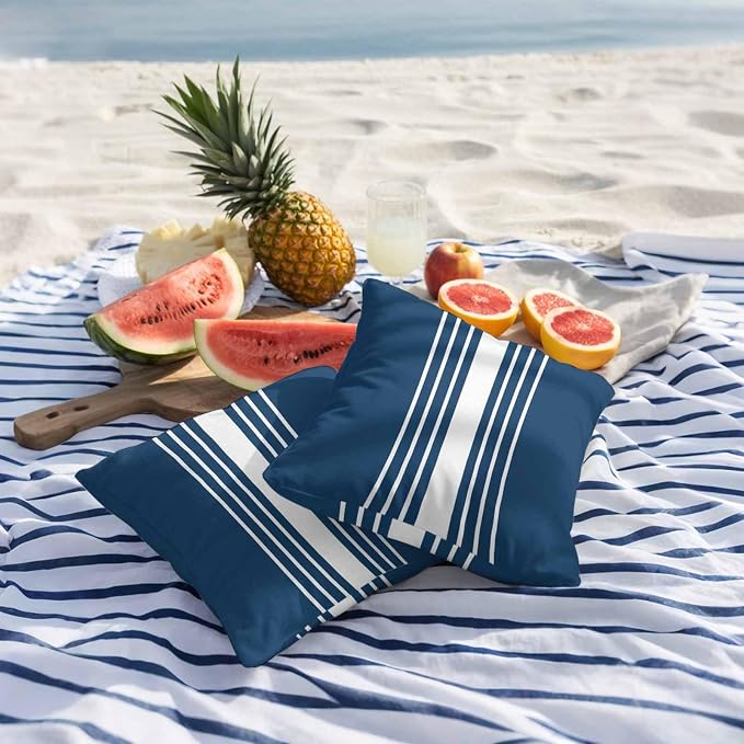 Navy Blue White Stripe Outdoor Pillow Covers 20x20 Inch Throw Pillow Covers Set of 2 Waterproof Decorative Pillow Cases Modern Rustic Vertical Striped Cushion Covers for Patio Furniture Garden Couch