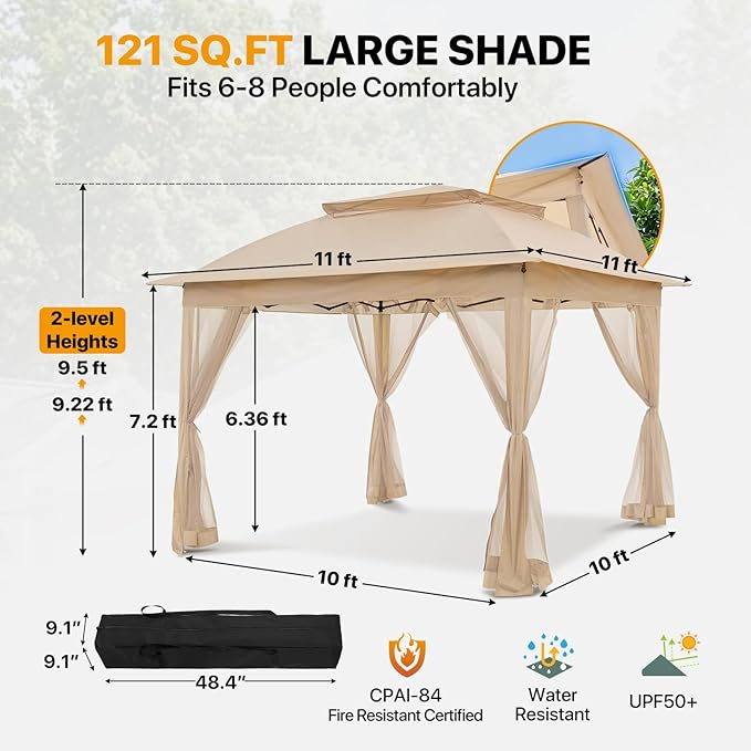COOS BAY 11x11 Pop Up Gazebo with Mesh Netting, Instant Outdoor Canopy Tent, Water Resistant Shelter with UPF 50+ UV Protection, 121 Sq Ft Coverage, Khaki