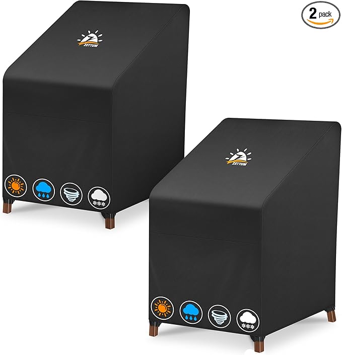 Zettum Stackable Patio Chair Cover 2 Pack - 600D Outdoor Chair Cover Waterproof & Heavy Duty, Lawn Furniture Stacking Seat Cover for 4 - 6 Outdoor Stackable Dining Chairs - 28 x 36 x 47 Inch