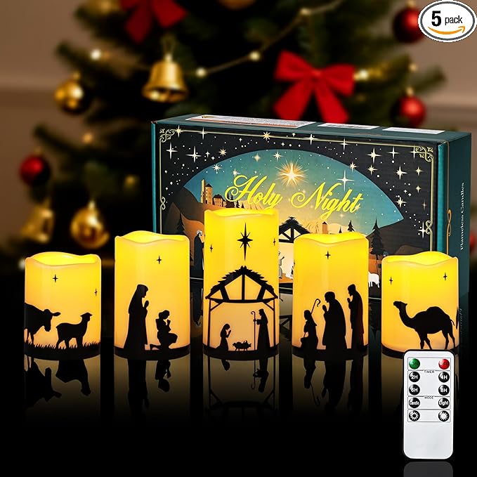 Religious Christian Gifts for Women Faith, Bible Gifts, Catholic Gifts - Nativity Set, Nativity Scene Flameless Candles, God Jesus Birth, Church Home Table Decorations Centerpieces