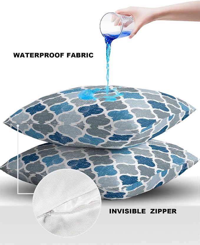 Morocco Outdoor Pillow Shams Set of 2, Decorative Pillowcases Cushion Case, Soft Throw Pillow Covers Waterproof Pillow Case 26x26 Inch, Blue Grey Geometry Retro