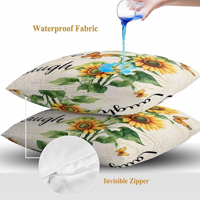 Live Love Laugh Outdoor Waterproof Throw Pillow Covers Set of 2, 18"x18", Sunflower Butterfly Rustic Watercolor Floral Decorative Pillow Covers Outside Cushion Case for Patio Porch Garden