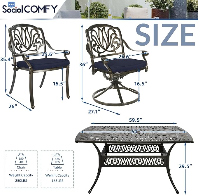 9-Piece Patio Cast Aluminum Dining Set, Outdoor Dining Furniture Set for 8 Person, Includes 64" Square Table, 4 Stationary and 4 Swivel Dining Chairs with Umbrella Hole, Navy Blue