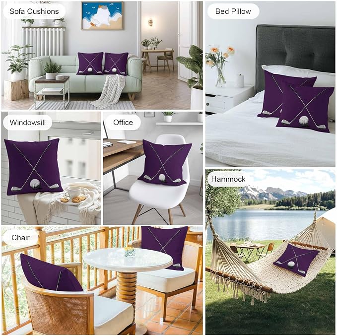 Vandarllin Outdoor Throw Pillows Covers 16x16 inch Set of 2 Waterproof Golf Ball Club Decorative Zippered Cushion Covers for Patio Furniture, Game Sports Purple Lumbar Pillowcases