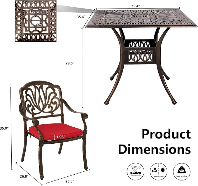 Grepatio 5 Piece Cast Aluminum Patio Dining Set Outdoor Furniture Set Patio Garden Set with 4 Ding Chairs, 4 Cushions and 35.4" Square Patio Table 2.4" Umbrella Hole, Antique Bronze (Red)
