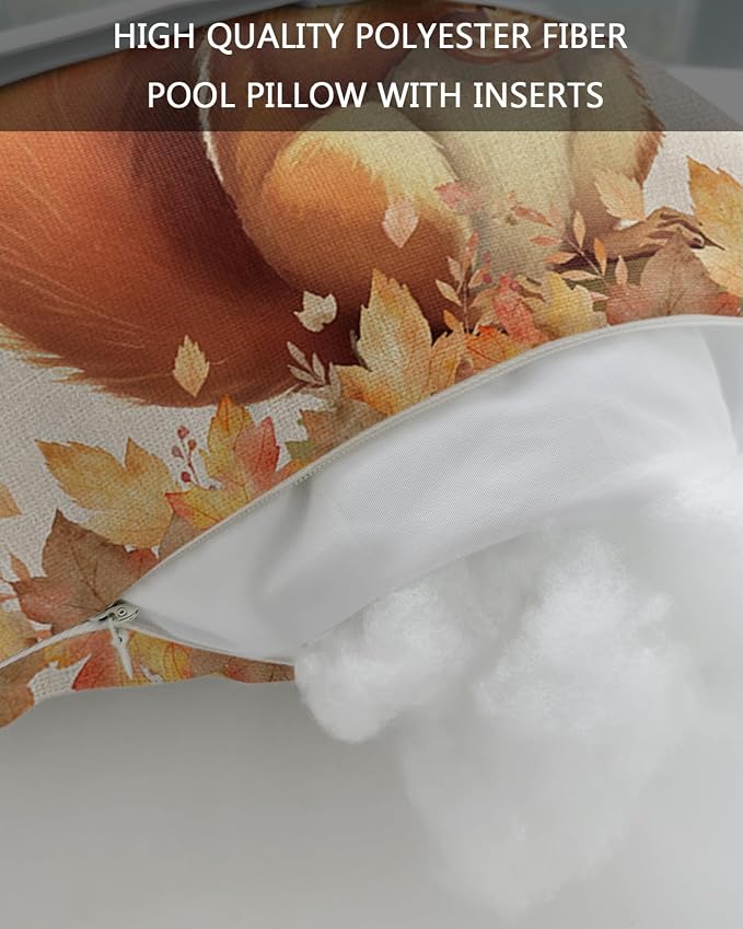 Outdoor Pillows Covers with Inserts Fall Thanksgiving Cute Squirrel with Maple Leaves Waterproof Pillow with Adjustable Strap Throw Pillows for Patio Furniture Recliner Lounge Chair, 12x20 inch, 2PCS
