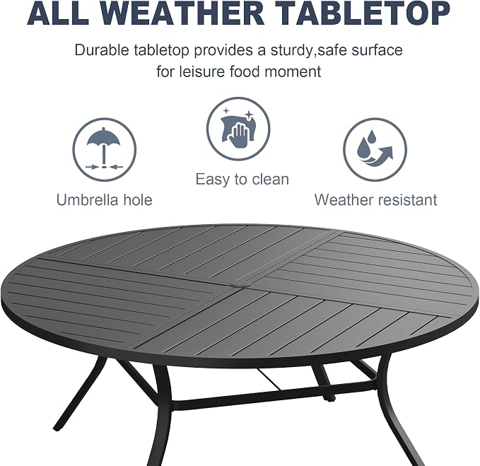 VICLLAX Patio 9 Pieces Outdoor Dining Set, 60" Round Metal Table with Umbrella Hole and 8 Swivel Textilene Chairs for Lawn, Garden, Porch, Black/Dark Grey