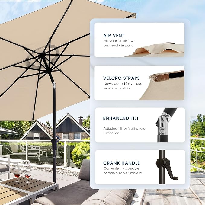 wikiwiki 9FT Patio Umbrella with Base, Outdoor Umbrellas with Base Included, 8 Sturdy Ribs, Waterproof Fade Resistant POLYESTER DTY Canopy for Deck, Lawn, Garden, Backyard & Pool, Beige