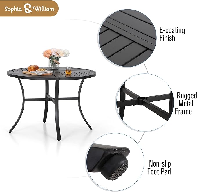 Sophia and William Patio Dining Set, 5 PCS | E-Coated and Steel, Rectangle Table, Straight Legs Chairs, 1.57" Umbrella Hole, Weather-Resistant, Easy to Clean