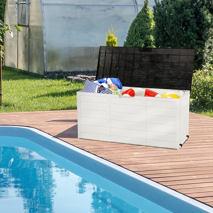 75 Gallon Outdoor Storage Box with Wheels Lockable Seat Waterproof Deck Box with Handle Patio Furniture Storage Bench Garden Tools Organizer UV Resistant Wood Grain Design Polypropylene White