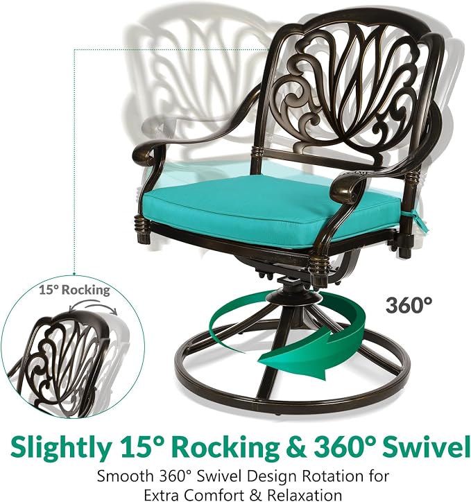 VIVIJASON 9-Piece Outdoor Dining Set, Cast Aluminum Patio Furniture Table & Chairs Set, Include 94.5" Rectangular Table, 2 Swivel Rockers, 6 Stationary Chairs, Umbrella Hole, Ocean Blue Cushion