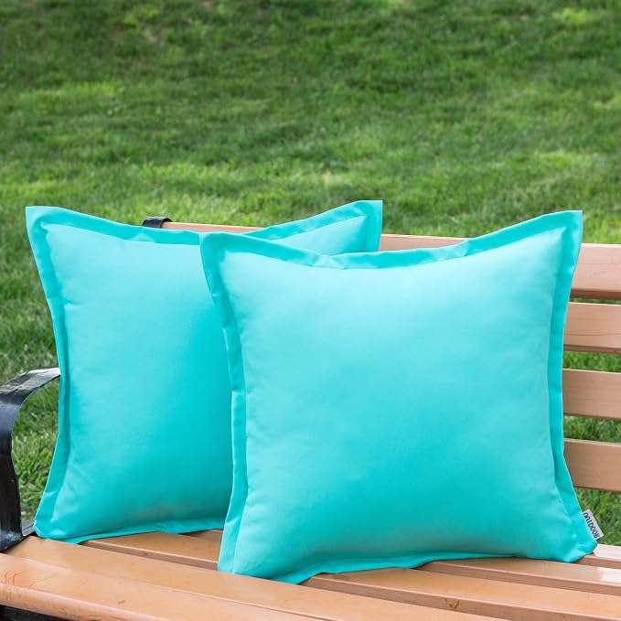 LIGICKY Light Green Outdoor Waterproof Pillow Covers 18x18 Inch Pack of 2 Decorative Square Solid Color Pillows with Wide Edge Cushion Cover for Patio Tent Garden Couch Balcony