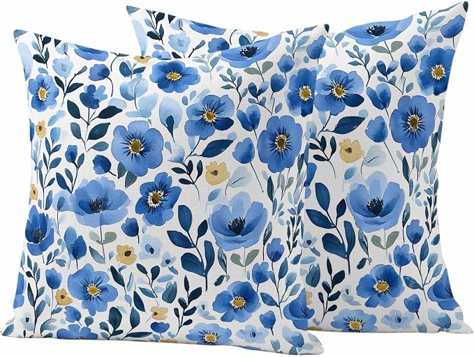 Blue Flowers Outdoor Waterproof Throw Pillow Covers Set of 2, 18"x18", Summer Watercolor Retro Floral Decorative Pillow Covers Outside Cushion Case for Patio Porch Garden