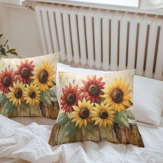 Retro Farmhouse Red Yellow Sunflower Outdoor Pillow Covers 20x20in Pack of 2 Waterproof Pillowcase Vintage Rustic Wood Floral Decorative Throw Cushion Case for Patio Couch Sofa
