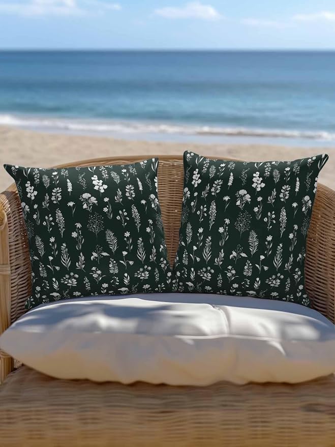 Outdoor Pillows with Inserts Set of 2 18x18, Dark Green Wildflowers Waterproof Outdoor/Indoor Throw Pillows, Farmhouse Botanical Garden Floral Decorative Pillow for Bed Couch Sofa Patio Furniture
