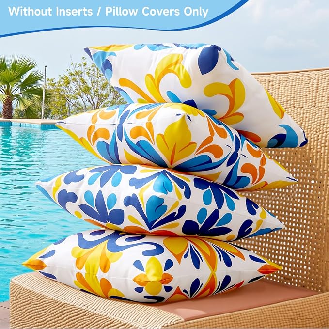 Blue and Orange Outdoor Floral Pillow Covers 18x18 Set of 4 Waterproof, Mediterranean Decor Accent Porch Throw Pillows 18 x 18, Fade Resistant Waterproof Outdoor Pillows for Patio Furniture