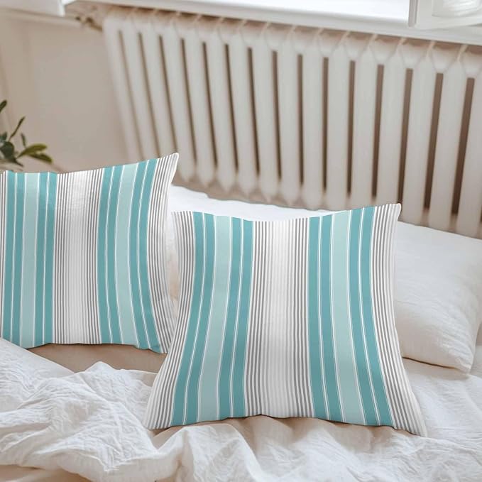 Chucoco Outdoor Waterproof Throw Pillow Cover, Teal Stripe Gray Line Decorative Pillows Cushion Covers, Minimalist Style 2 Pack Pillow Cases for Patio Garden Balcony Couch Sofa 20x20in