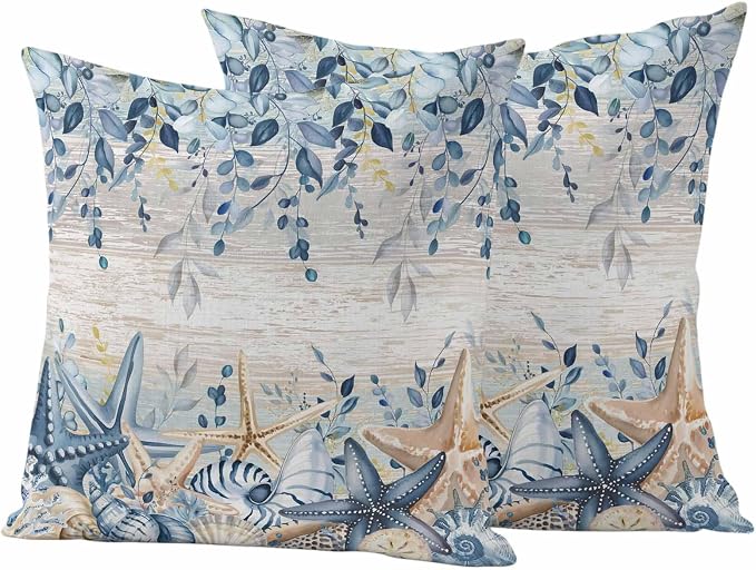 Marine Life Outdoor Waterproof Throw Pillow Covers Set of 2, 20"x20", Watercolor Blue Beige Starfish Shell Leaves Wood Decorative Pillow Covers Outside Cushion Case for Patio Porch Garden