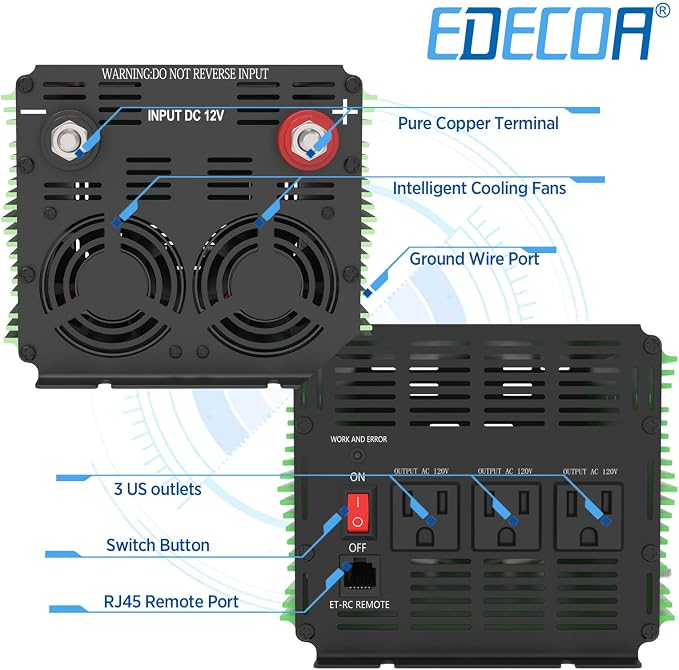 EDECOA 2000W Power Inverter 12V DC to 110V 120V AC 2000 Watts with Remote Control LCD Display USB 3 Outlets for Cars, Trucks, RVs, Rural Cabins