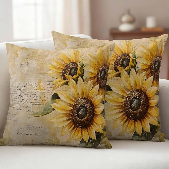 Retro Sunflower Outdoor Waterproof Throw Pillow Covers Set of 2, 20"x20", Pastoral Floral Painting Newspaper Background Decorative Pillow Covers Outside Cushion Case for Patio Porch Garden