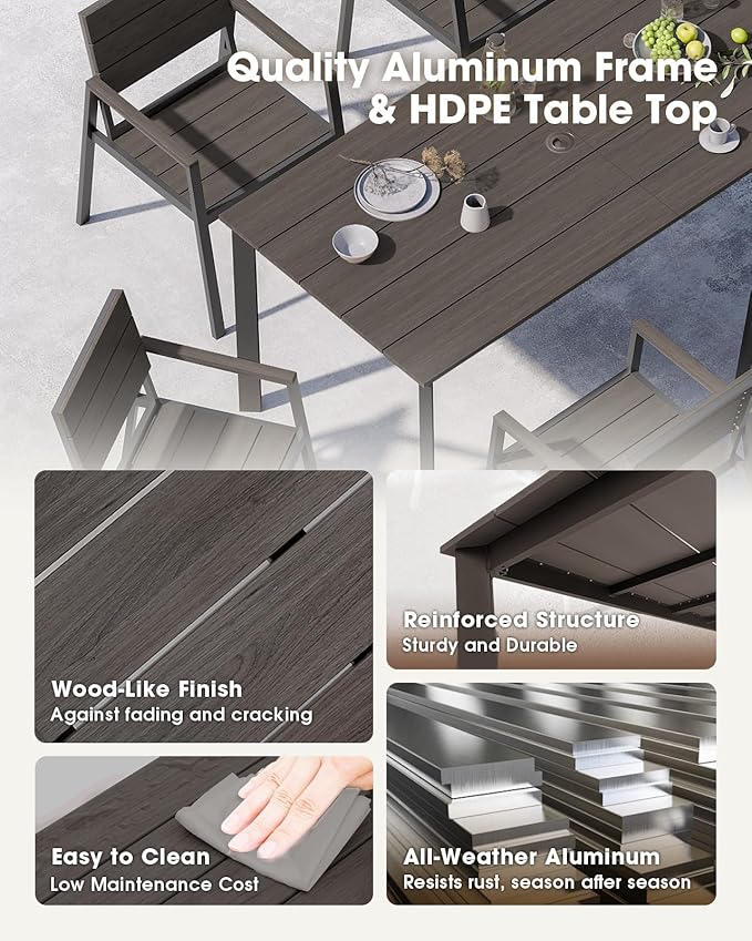 Outdoor Dining Table, Aluminum Patio HDPS Outdooor Table with Umbrella Hole, All Weather Patio Furniture Set, Patio Dining Table (Charcoal)