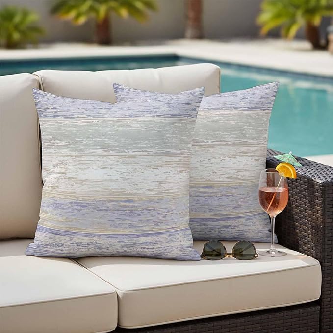 Purple Gray Outdoor Pillow Covers 20"x20" Set of 2, White Gradient Rustic Striped Minimalist Country Waterproof Throw Pillow Covers for Patio Furniture, Decorative Cushion Covers for Porch