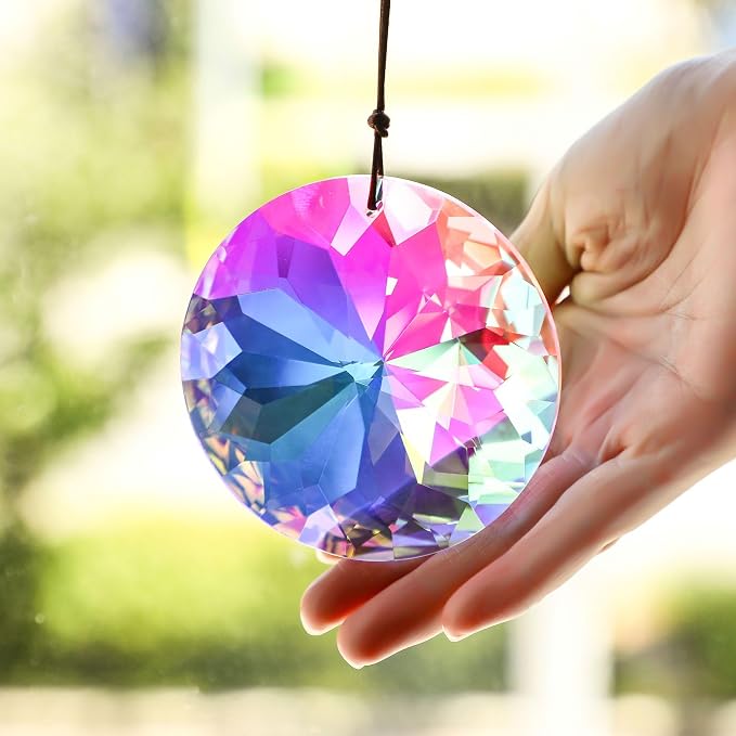 YU FENG 3 Inch Round Crystal Prism Suncatcher, AB Color Rainbow Maker | Faceted Crystal Pendant, Window Hanging Ornament, Chandelier Decor, Christmas Tree Decoration