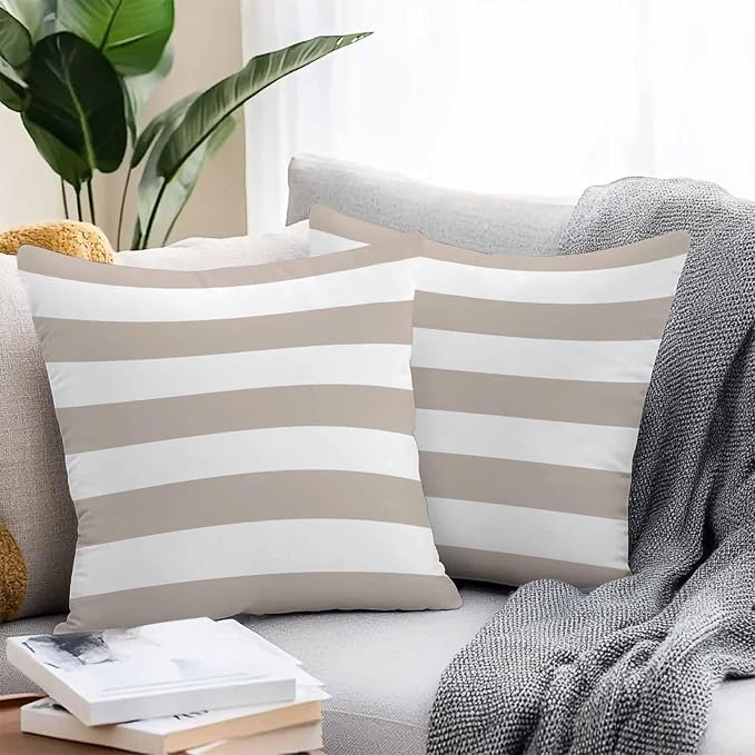 Outdoor Waterproof Throw Pillow Covers Set of 2 Khaki White Stripe Pillowcases 26x26 Inches Simple Style Striped Decorative Pillows Cushion Case Patio Pillows for Couch Bed Chair Garden