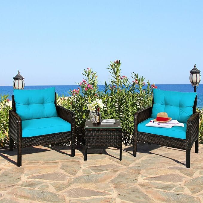 HAPPYGRILL 3 Piece Patio Furniture Set Outdoor Rattan Wicker Coffee Table & Chairs Set with Seat Cushions Patio Conversation Set for Garden Balcony Backyard Poolside