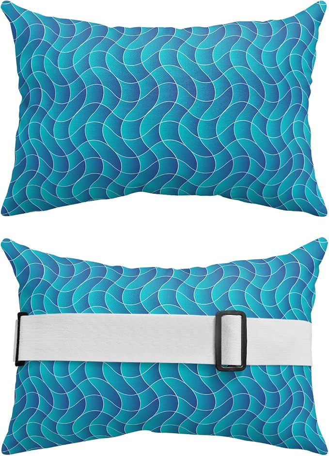 Outdoor Pillows Covers with Inserts Summer Abstract Geometric Ombre Blue Ocean Wave Waterproof Pillow with Adjustable Strap Throw Pillows for Patio Furniture Recliner Lounge Chair, 12x20 inch, 2PCS