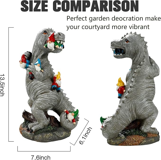 Himaweek Garden Statue Outdoor Decoration, Weatherproof 14” Dinosaur Garden Gnome, Indoor Outdoor Décor Garden Art for Patio Lawn Yard, Gardening Gift for Homeowners