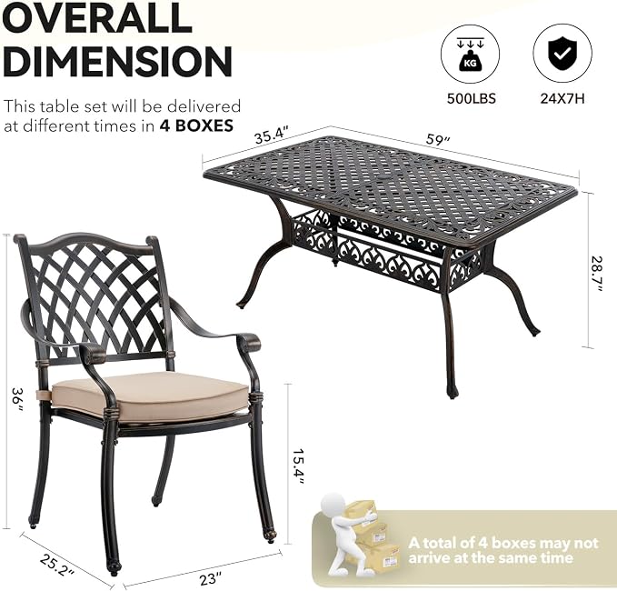 7 Piece Outdoor Dining Set Cast Aluminum Furniture Set, Retro Patio Dining Set for 6 includes 59” Table & 4 Stackable Chairs & 2 Swivel Chairs with Cushions and 2" Umbrella Hole for Patio Deck Garden